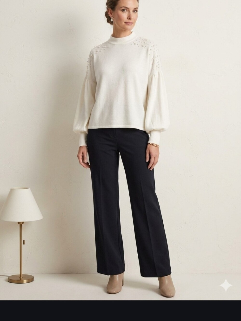 Mustard Seed Sweater Md White Faux Pearl Shoulders High Neck Oversized Fuzzy